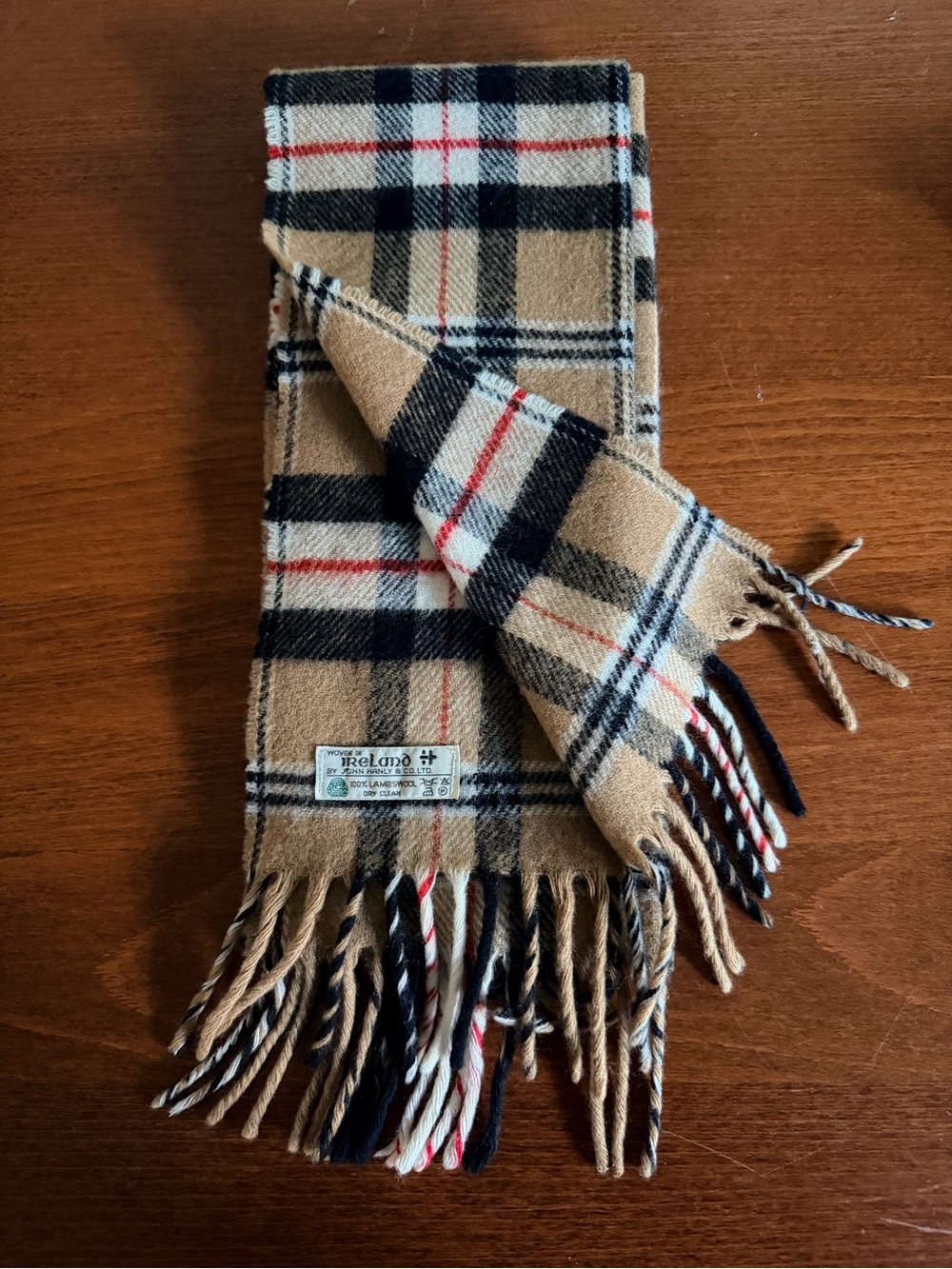 Ireland Handcrafted Camel Plaid Wool Scarf with Fringe